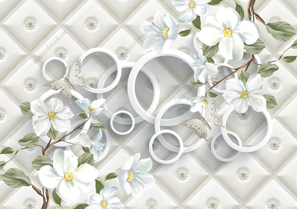 Фотообои 3д Белые круги с цветами
